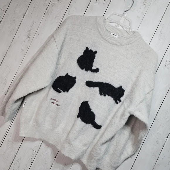 NARTALIY Gray Black Cat Mohair Sweater Unisex American Retro Loose Fit Size XS. - Picture 2 of 12
